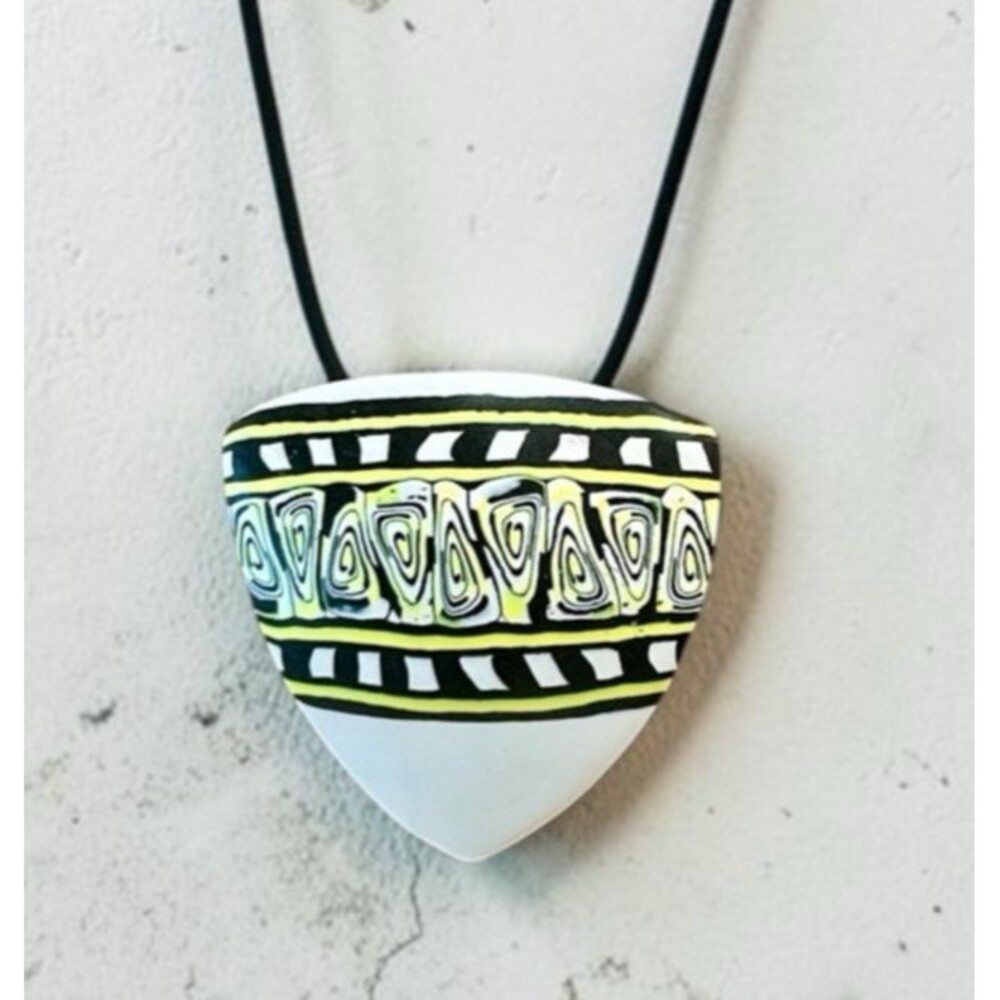 Yellow Black White Graphic Print Handmade Polymer Clay LG Pendant Necklace Cord